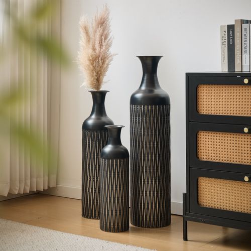Lot De 3 Vases De Sol  83.01/65.99/50.01 Cm, Silhouette Fine Et Motif De Rainures, Métal Noir