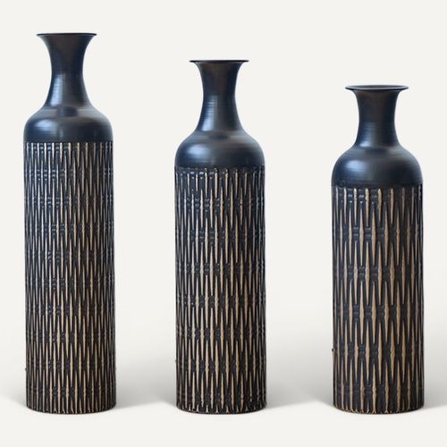 Lot De 3 Vases De Sol  83.01/65.99/50.01 Cm, Silhouette Fine Et Motif De Rainures, Métal Noir