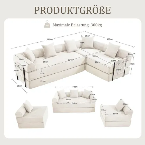 Canapé Compressé Modulable 270x180x64 Cm, Convertible, Rangement Latéral, Velours Côtelé, Beige