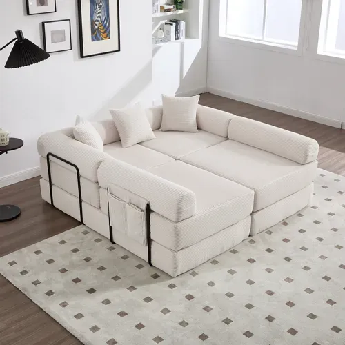 Canapé Compressé Modulable 270x180x64 Cm, Convertible, Rangement Latéral, Velours Côtelé, Beige