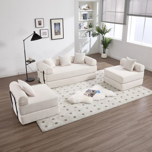 Canapé Compressé Modulable 270x180x64 Cm, Convertible, Rangement Latéral, Velours Côtelé, Beige