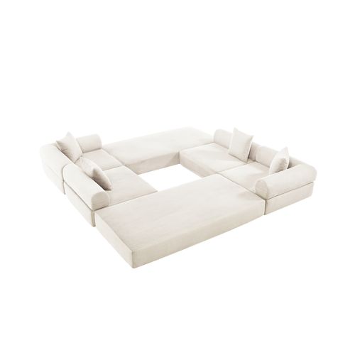 Canapé Compressé Modulable 270x180x64 Cm, Convertible, Rangement Latéral, Velours Côtelé, Beige