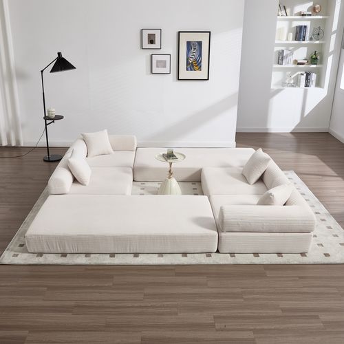 Canapé Compressé Modulable 270x180x64 Cm, Convertible, Rangement Latéral, Velours Côtelé, Beige