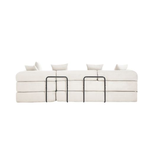 Canapé Compressé Modulable 270x180x64 Cm, Convertible, Rangement Latéral, Velours Côtelé, Beige