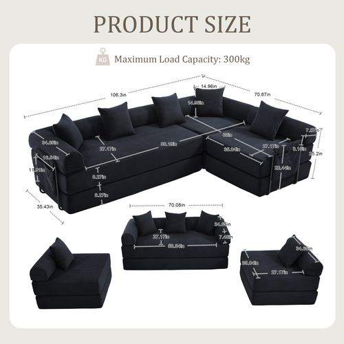 Canapé Compressé Modulable 270x180x64 Cm, Convertible, 4 Places, Mousse, Velours Côtelé, Noir