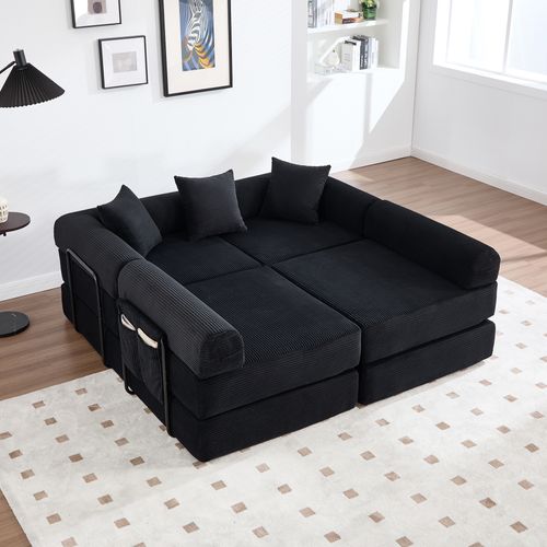 Canapé Compressé Modulable 270x180x64 Cm, Convertible, 4 Places, Mousse, Velours Côtelé, Noir