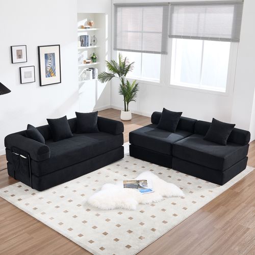 Canapé Compressé Modulable 270x180x64 Cm, Convertible, 4 Places, Mousse, Velours Côtelé, Noir