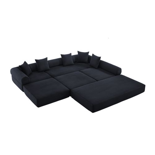 Canapé Compressé Modulable 270x180x64 Cm, Convertible, 4 Places, Mousse, Velours Côtelé, Noir