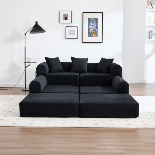 Canapé Compressé Modulable 270x180x64 Cm, Convertible, 4 Places, Mousse, Velours Côtelé, Noir