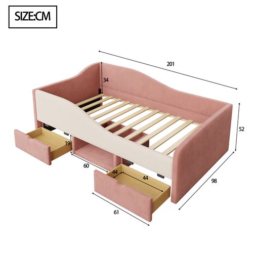 Canapé-lit 90x190 Cm Avec 2 Tiroirs, 1 Niche, Barrière De Sécurité, Rose Et Blanc, Velours
