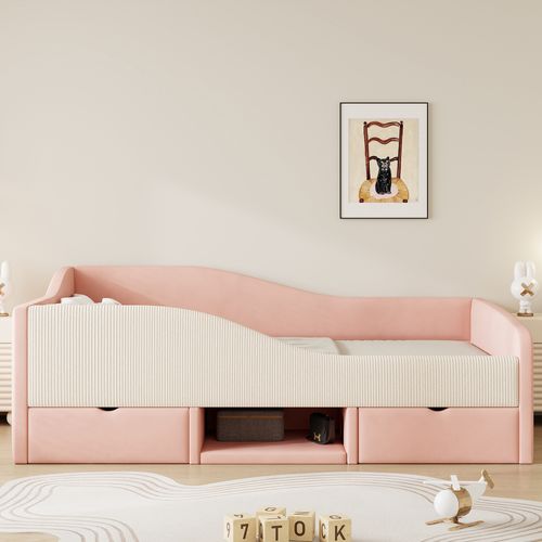 Canapé-lit 90x190 Cm Avec 2 Tiroirs, 1 Niche, Barrière De Sécurité, Rose Et Blanc, Velours