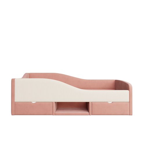 Canapé-lit 90x190 Cm Avec 2 Tiroirs, 1 Niche, Barrière De Sécurité, Rose Et Blanc, Velours