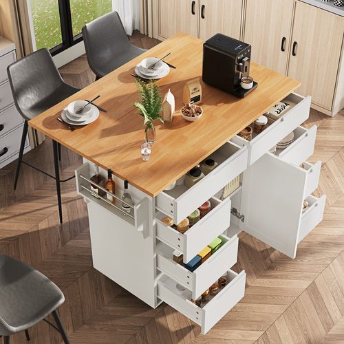 Îlot De Cuisine 122x46x91,5 Cm, Plan De Travail Rabattable, 5 Roulettes, 8 Tiroirs, Mdf, Blanc+bois