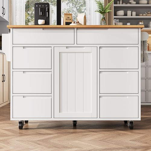 Îlot De Cuisine 122x46x91,5 Cm, Plan De Travail Rabattable, 5 Roulettes, 8 Tiroirs, Mdf, Blanc+bois