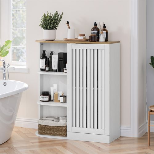 Meuble De Rangement Salle De Bain 68x25x76cm, Meuble D'angle, Étagère Ouvert, Porte, Mdf, Blanc+bois