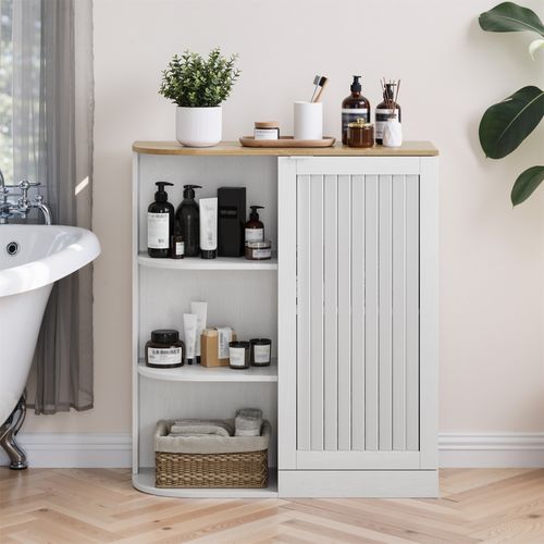 Meuble De Rangement Salle De Bain 68x25x76cm, Meuble D'angle, Étagère Ouvert, Porte, Mdf, Blanc+bois