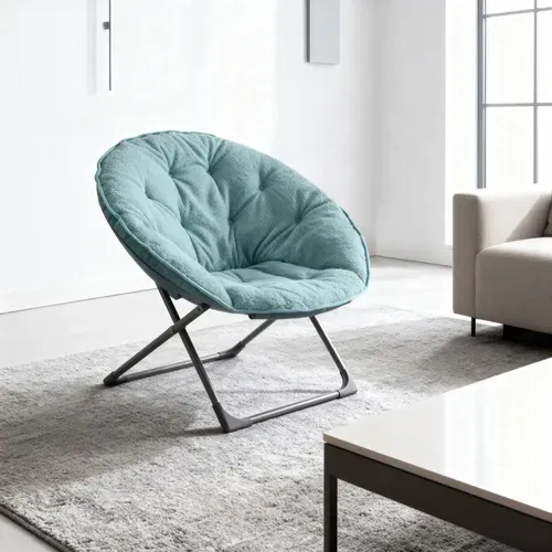 Fauteuil Lune Pliant 58x53x85 Cm, Assise En Laine De Mouton, Structure Métal Robuste, Bleu+noir