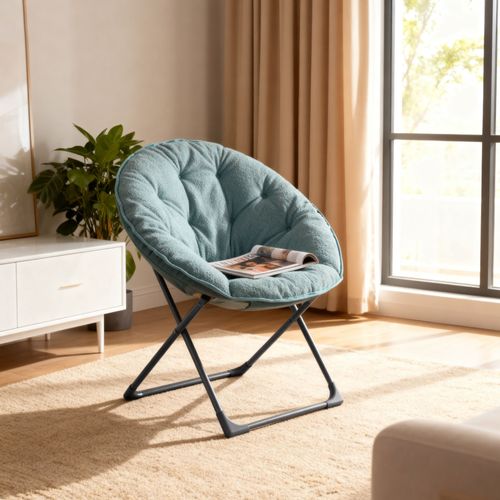 Fauteuil Lune Pliant 58x53x85 Cm, Assise En Laine De Mouton, Structure Métal Robuste, Bleu+noir