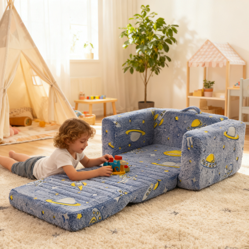 Fauteuil Modulable Pour Enfant 65x42-106x28.5 Cm, Transformable En Couchage, Tissu Doux, Bleu