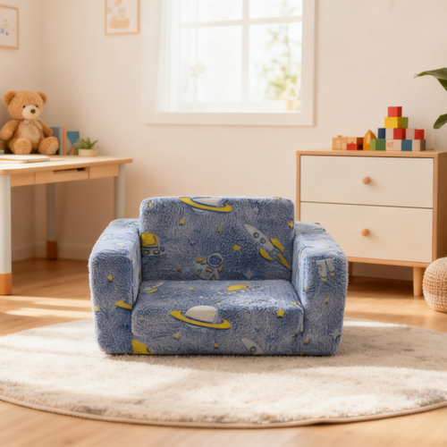 Fauteuil Modulable Pour Enfant 65x42-106x28.5 Cm, Transformable En Couchage, Tissu Doux, Bleu