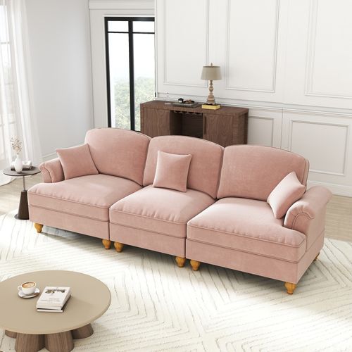 Canapé Compressé 3 Places 272x83.5x93cm, Jupe Plissée Amovible Pour Deux Styles, Chenille, Rose