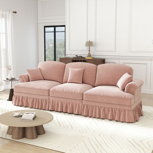 Canapé Compressé 3 Places 272x83.5x93cm, Jupe Plissée Amovible Pour Deux Styles, Chenille, Rose