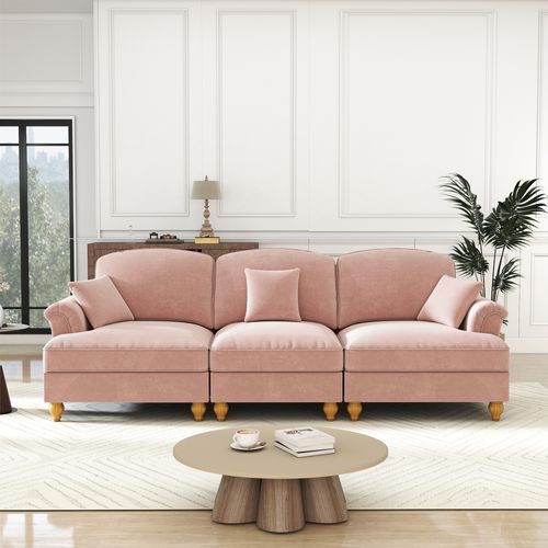 Canapé Compressé 3 Places 272x83.5x93cm, Jupe Plissée Amovible Pour Deux Styles, Chenille, Rose