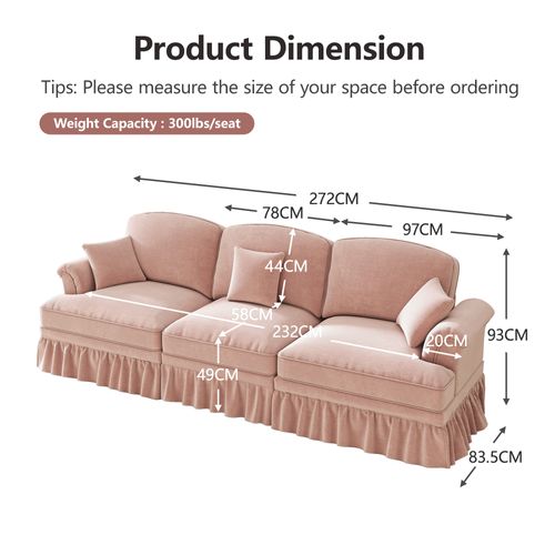 Canapé Compressé 3 Places 272x83.5x93cm, Jupe Plissée Amovible Pour Deux Styles, Chenille, Rose