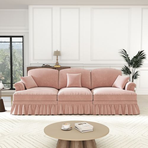 Canapé Compressé 3 Places 272x83.5x93cm, Jupe Plissée Amovible Pour Deux Styles, Chenille, Rose