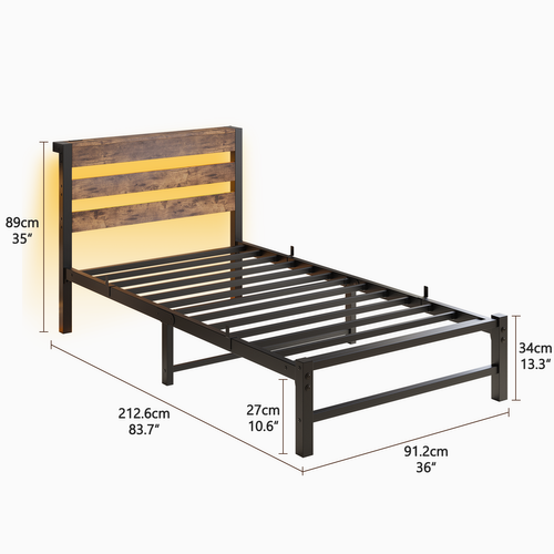 Lit Adulte 90x200 Cm, éclairage LED Rgb Et Station USB Intégrée, Métal Et Bois, Couleur Noir+brun