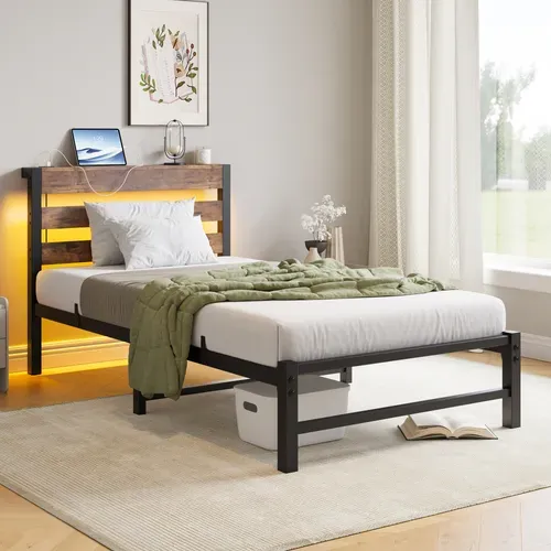 Lit Adulte 90x200 Cm, éclairage LED Rgb Et Station USB Intégrée, Métal Et Bois, Couleur Noir+brun