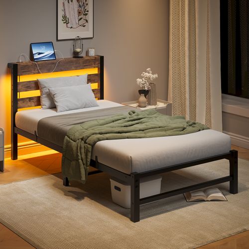 Lit Adulte 90x200 Cm, éclairage LED Rgb Et Station USB Intégrée, Métal Et Bois, Couleur Noir+brun