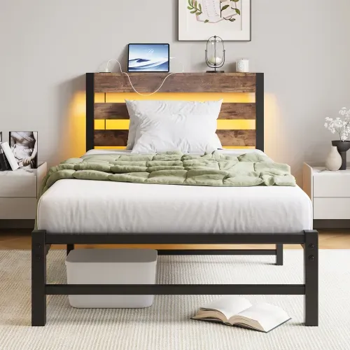 Lit Adulte 90x200 Cm, éclairage LED Rgb Et Station USB Intégrée, Métal Et Bois, Couleur Noir+brun