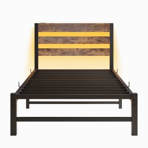 Lit Adulte 90x200 Cm, éclairage LED Rgb Et Station USB Intégrée, Métal Et Bois, Couleur Noir+brun