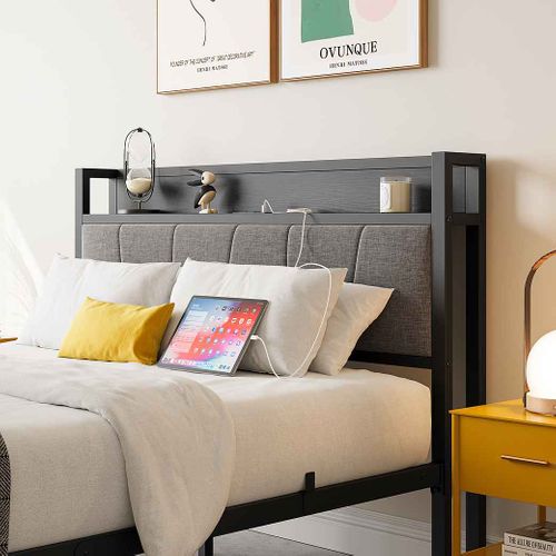 Lit Double 140x200 Cm En Métal Avec Tête De Lit Avec 1 Prise Et 2 Ports De Charge USB