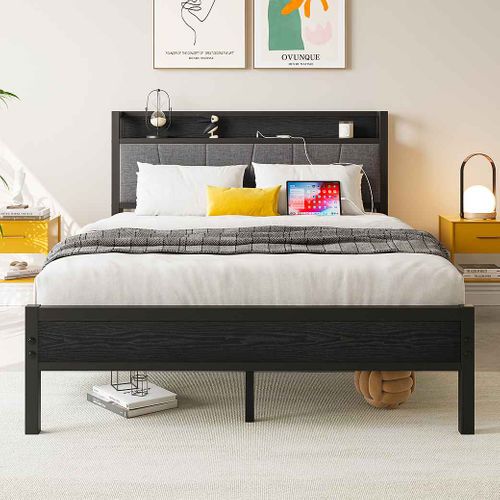 Lit Double 140x200 Cm En Métal Avec Tête De Lit Avec 1 Prise Et 2 Ports De Charge USB