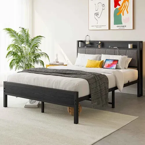 Lit Double 140x200 Cm En Métal Avec Tête De Lit Avec 1 Prise Et 2 Ports De Charge USB