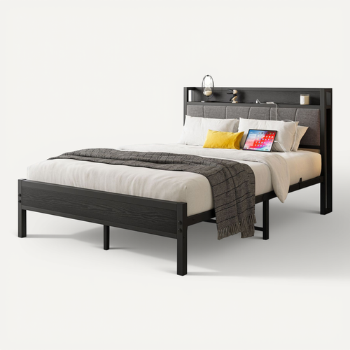 Lit Double 140x200 Cm En Métal Avec Tête De Lit Avec 1 Prise Et 2 Ports De Charge USB