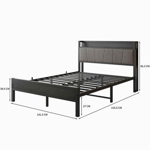 Lit Double 140x200 Cm En Métal Avec Tête De Lit Avec 1 Prise Et 2 Ports De Charge USB