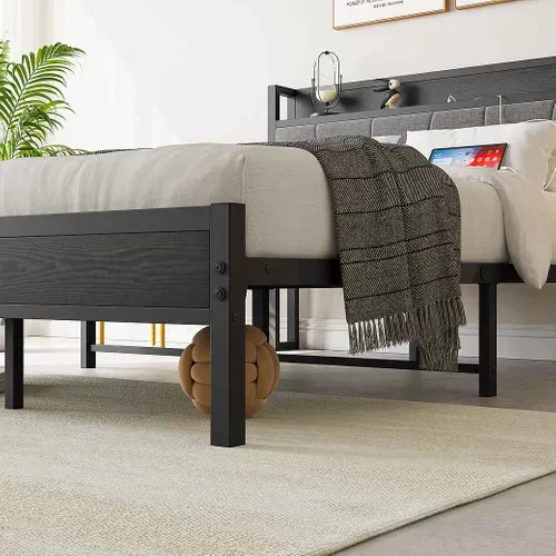 Lit Double 140x200 Cm En Métal Avec Tête De Lit Avec 1 Prise Et 2 Ports De Charge USB