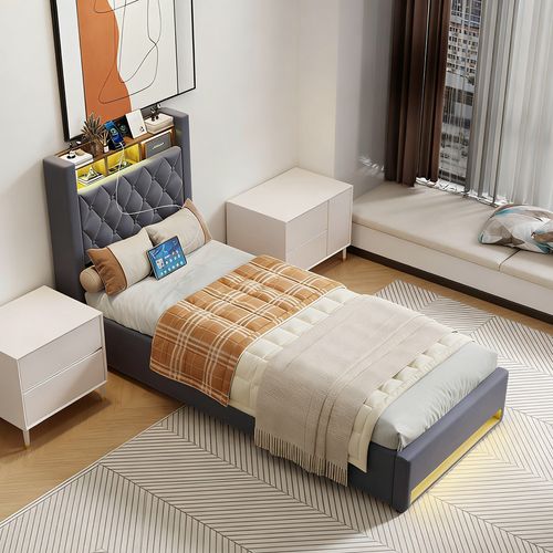 Lit 90x190cm, Lit Enfant, Tête De Lit Avec Rangement Et USB, LED, Velours Gris, Bois Et Métal