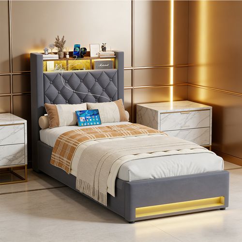 Lit 90x190cm, Lit Enfant, Tête De Lit Avec Rangement Et USB, LED, Velours Gris, Bois Et Métal
