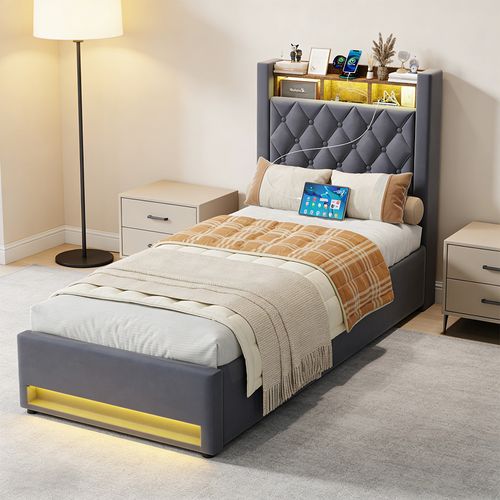 Lit 90x190cm, Lit Enfant, Tête De Lit Avec Rangement Et USB, LED, Velours Gris, Bois Et Métal