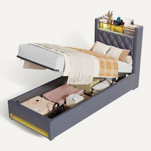 Lit 90x190cm, Lit Enfant, Tête De Lit Avec Rangement Et USB, LED, Velours Gris, Bois Et Métal