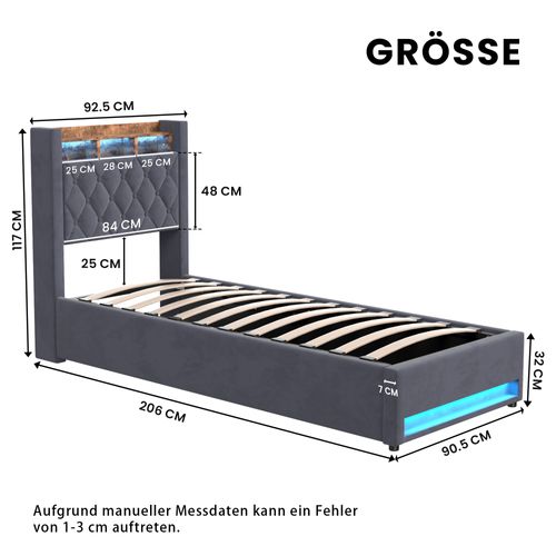 Lit 90x190cm, Lit Enfant, Tête De Lit Avec Rangement Et USB, LED, Velours Gris, Bois Et Métal