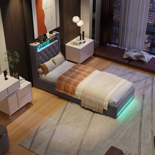 Lit 90x190cm, Lit Enfant, Tête De Lit Avec Rangement Et USB, LED, Velours Gris, Bois Et Métal