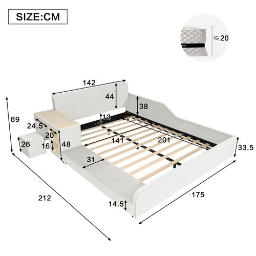 Lit Enfant Double 140x200 Cm Avec Bureau, Tabouret, Rangements, Sommier à Lattes, En Velours Blanc