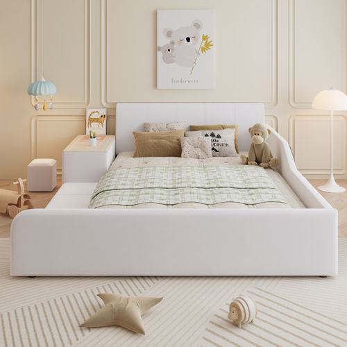 Lit Enfant Double 140x200 Cm Avec Bureau, Tabouret, Rangements, Sommier à Lattes, En Velours Blanc