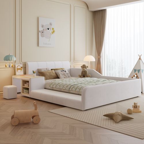 Lit Enfant Double 140x200 Cm Avec Bureau, Tabouret, Rangements, Sommier à Lattes, En Velours Blanc