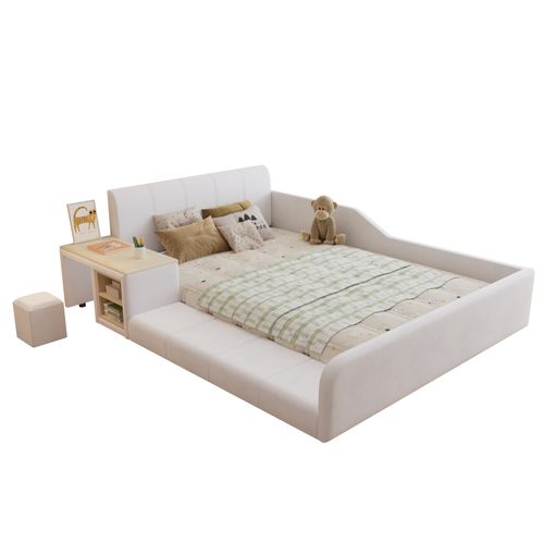 Lit Enfant Double 140x200 Cm Avec Bureau, Tabouret, Rangements, Sommier à Lattes, En Velours Blanc